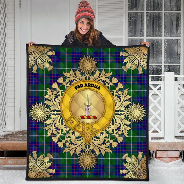 MacIntyre Hunting Modern Tartan Crest Premium Quilt - Gold Thistle Style Online now