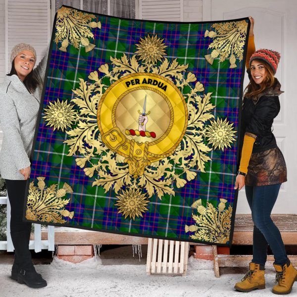 MacIntyre Hunting Modern Tartan Crest Premium Quilt - Gold Thistle Style Online now - Image 2